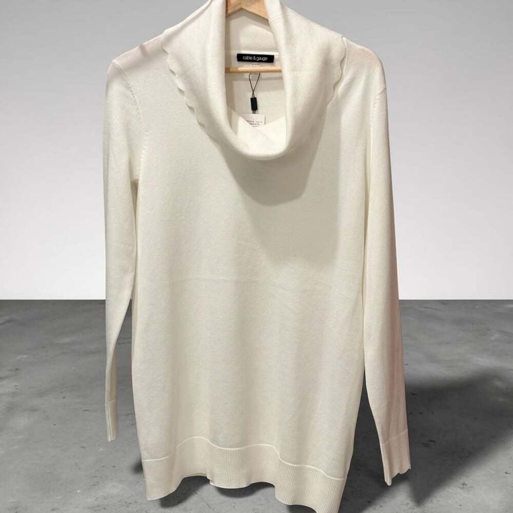 cable & gauge White Cowl Neck Long Sleeve Sweater with Scalloped Edge Detail